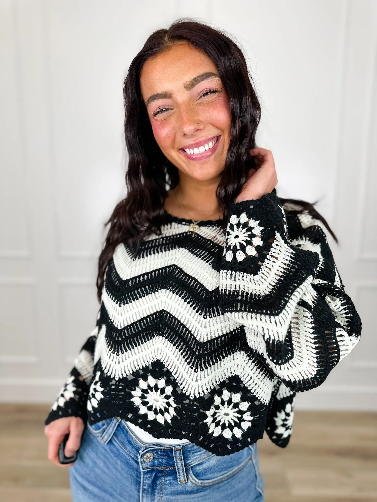 Mind of Her Own Cotton Blend Long Sleeve Avery Mae Cropped Sweater Top - Multiple Colors True to Size Stretchy Crochet Chevron Pattern