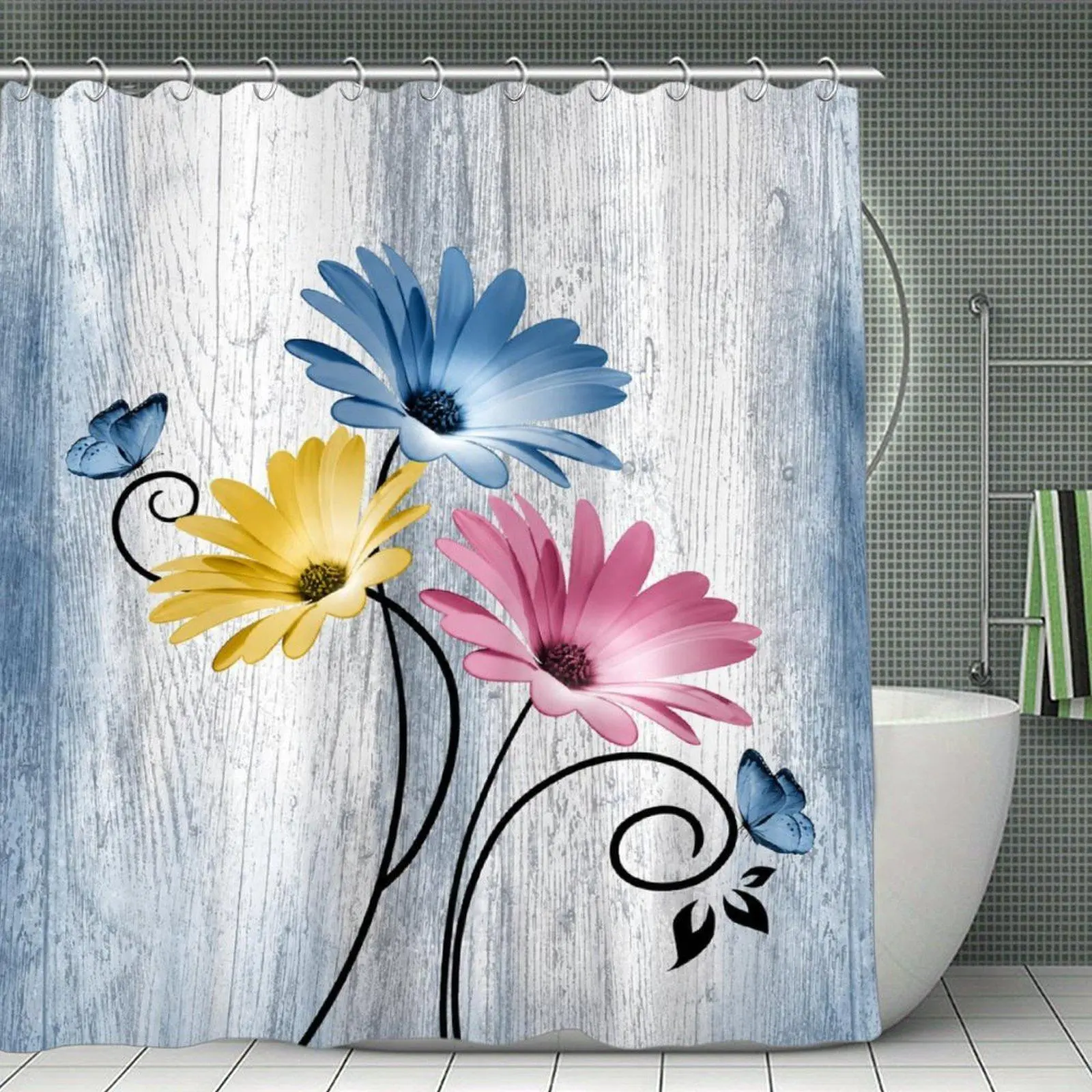 Colorful Daisy and Butterfly Shower Curtain - Rustic Wood Background Floral Print, Plastic-Stainless Steel Compatible, Bathtub-Resistant Country Bathroom Decor, Flowers
