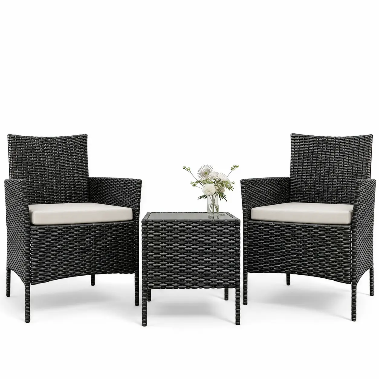 Garvee Modern 3-Piece PE Rattan Wicker Outdoor Bistro Set, 2 Chairs with Coffee Table, All-Weather Conversation Furniture, Space-Saving for Porch, Balcony, Garden, Backyard