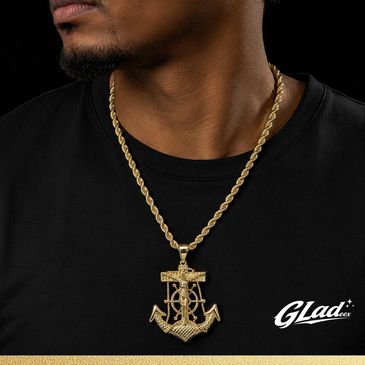 Man wearing a gold plated Jesus anchor cross pendant with a rope chain