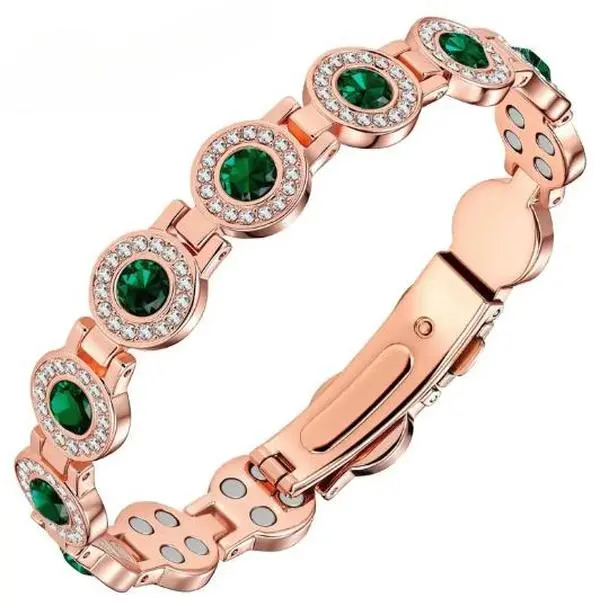 Fashion Copper Band for Women, Exquisite Rose Gold Plated Link Design with Green Gemstone Accents and 4X Strength 3800 Gauss Magnets, Exquisite Bracelet, Fashion Bracelet, Bracelet Jewelry