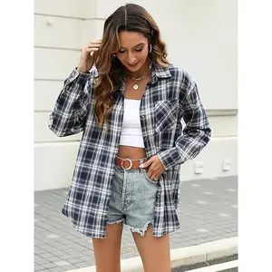 [Plaid Flannel Shacket] Black & White Plaid Flannel Shacket - Women's Casual Long Sleeve Button-Shirt Jacket with Pockets, Blend, Perfect for Spring & Fall
