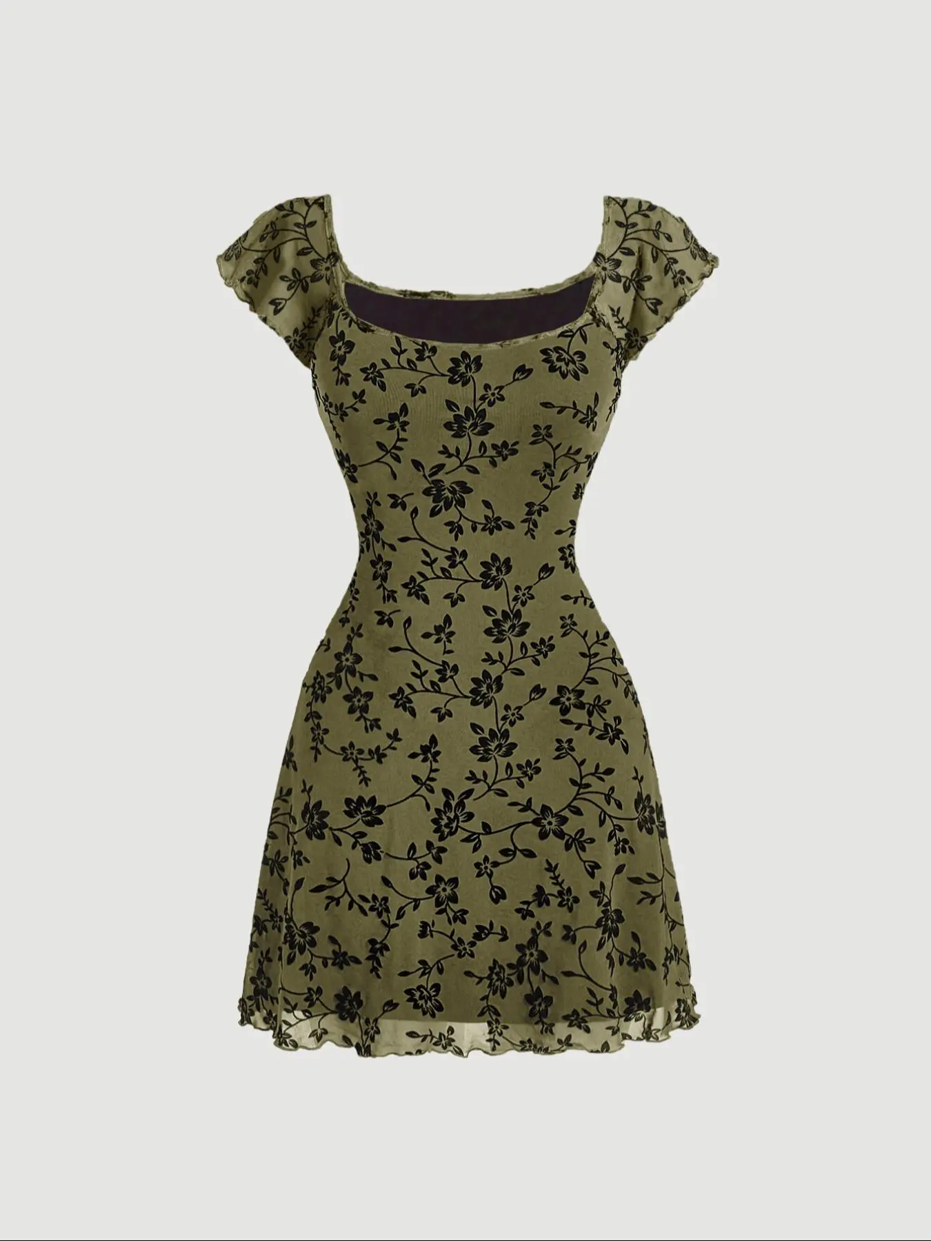 Women's All Over Floral Print Lettuce Trim Square Neck A-Line Dress, Boho Floral Dress, Y2k Casual Cap Sleeve Short Dress for Daily Wear, Ladies Clothes for All Seasons, Summer Womenswear, Boho Fashion Dress