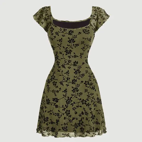 【Black Friday】Women's All Over Floral Print Lettuce Trim Square Neck A-Line Dress, Y2K Cap Sleeve Short Dress for Daily Wear, Ladies Clothes for Summer, Women's Casual Wear, Boho Fashion Dress