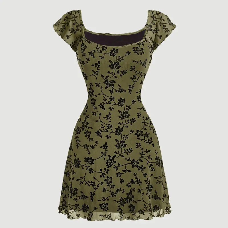 【Black Friday】Women's All Over Floral Print Lettuce Trim Square Neck A-Line Dress, Y2K Cap Sleeve Short Dress for Daily Wear, Ladies Clothes for Summer, Women's Casual Wear, Boho Fashion Dress