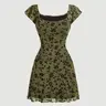 【Black Friday】Women's All Over Floral Print Lettuce Trim Square Neck A-Line Dress, Y2K Cap Sleeve Short Dress for Daily Wear, Ladies Clothes for Summer, Women's Casual Wear, Boho Fashion Dress