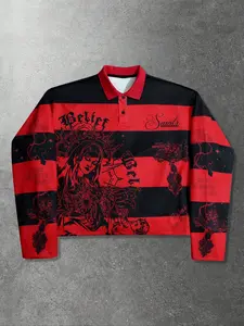 Unisex Y2K Style Saint Mary & Saints Cross Print Fitted Hoodie, Long Sleeve Sweatshirts, Plaid Striped Collar, Streetwear Couple, Casual Men's Gift