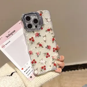 Floral Pattern Phone Case, Wave Edge Design Phone Protective Cover, Phone Accessory Compatible with iPhone 11 12 13 14 15 Pro Max, Protector, Flower, Vintage Rose