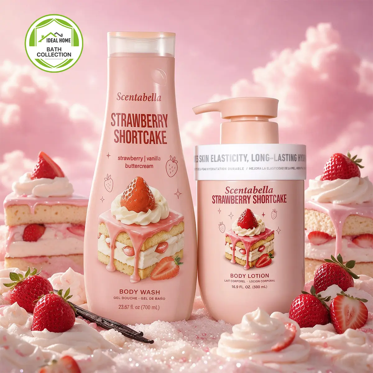 Sweet Strawberry Body Wash & Lotion Set | Strawberry Shortcake, Vanilla & Buttercream Scent | Gourmand Shower Gel + Body Lotion | 2-Piece Self-Care Set