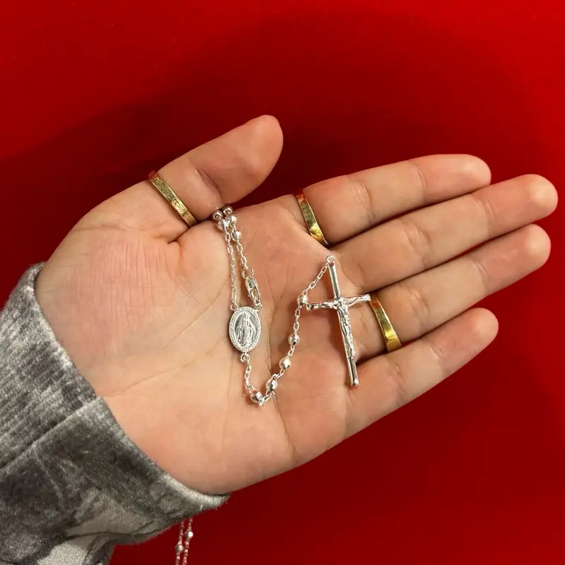 Sterling Silver Rosary with Thicker Beads and stubs Cross - 20 inch length