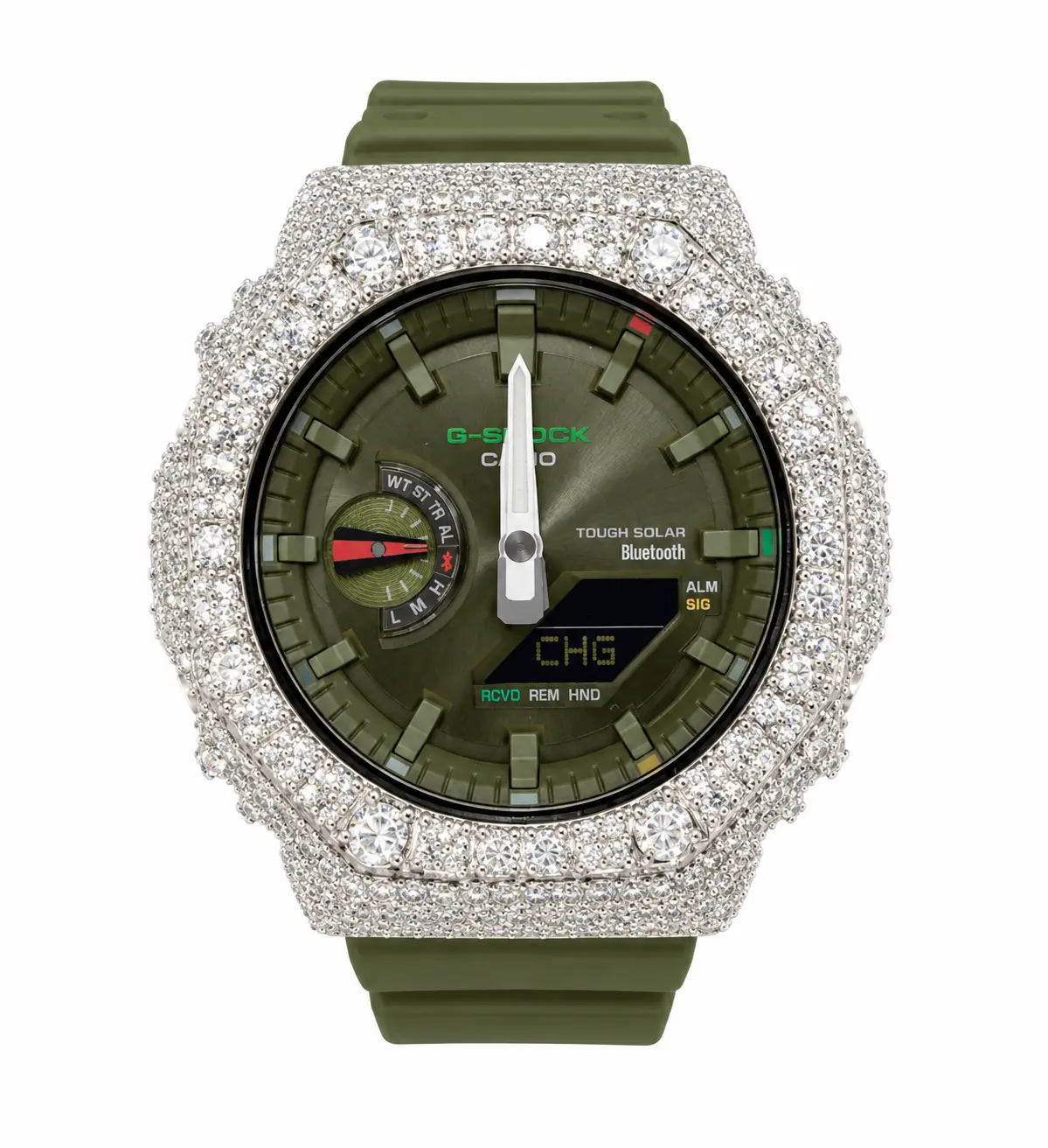 Iced Out Moissanite Watch for Men & Women, 11ct VVS Full Bezel in Silver or Brass, Olive Green Solar with Bluetooth & Compass, G Shock, Tough Solar, Casual Wear, Unisex, Jeweled Wrist Watches, Olive Dial, 20Bar, Everyday Wear, Fashion