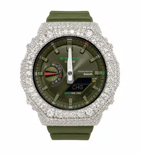 Unisex Iced Out G-Shock Solar Moissanite Watch, 925 Silver or Brass Bezel Fashion Accessory