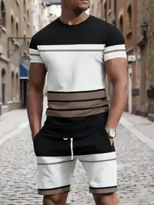Men's Colorblock Striped Casual Commuter Set, Simple Print Pattern Patchwork T-Shirt & Shorts Two-Piece, Essential Indoor Outdoor Workwear