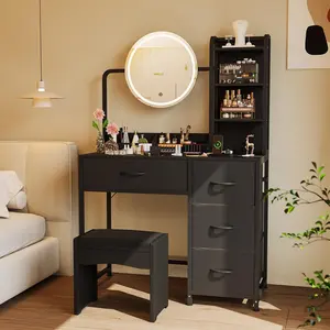 LED Vanity Desk with Mirror & Charging Station | Makeup Table with 3-Color Adjustable Lights, Power Outlet & 4 Drawers | Modern Black Dressing Table for Women & Girls Bedroom