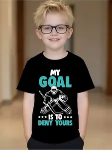 Boys' Hockey Goalie Print T-Shirt, Soft and Comfortable, Sports Style, Ideal for Training and Daily Wear, Trendy Youth Fashion