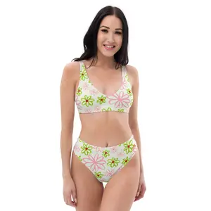 Pink & Green Daisies On White Recycled high-waisted bikini