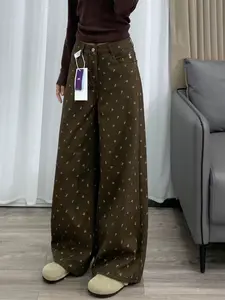 Women's Brown Floral Print High Waist Wide Leg Jeans Vintage Coffee Floral Baggy Denim Pants
