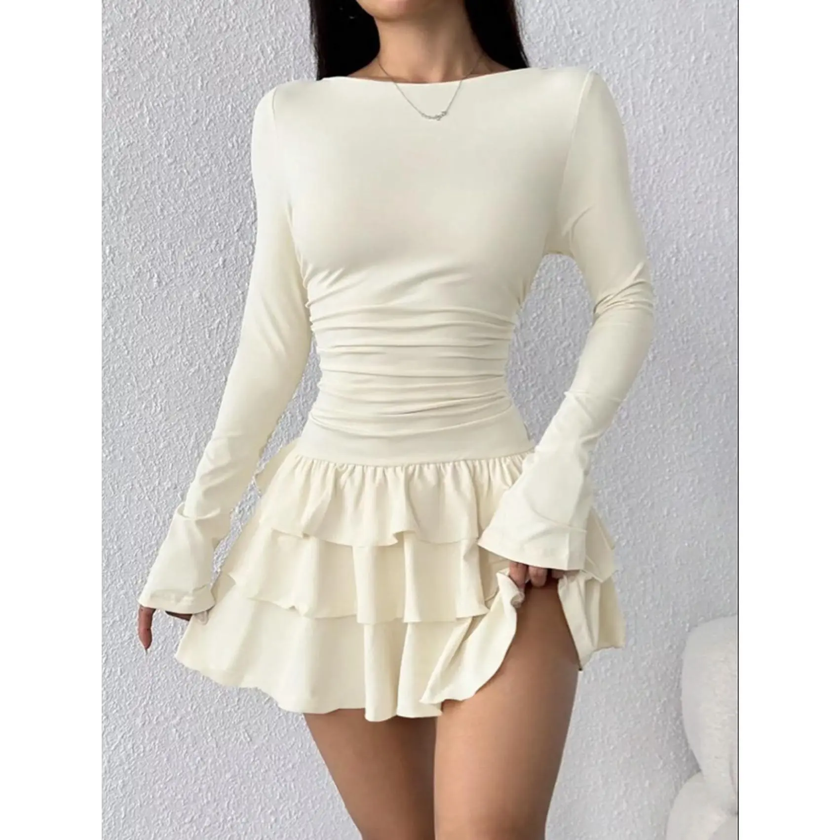 Ruched Long Sleeve Layered Ruffle Mini Dress in 100% Polyester XS-S-M-L Sizes with Tiered Ruched Ruffled Design Slightly Stretchy Not Lined Machine Wash Cold Tumble Dry Low pink/off white short summer skirt