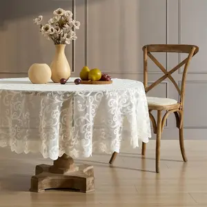 Scroll Lace Tablecloth, Lace Fabric Table Cloth for Round Tables, Wrinkle Resistant Tablecloth, Patterned Scalloped Tablecloth (70 Round, Linen Taupe)