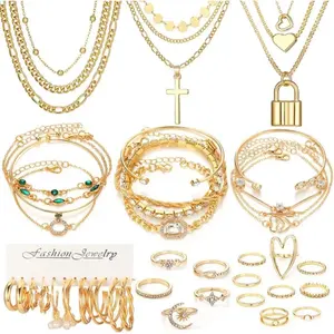 36 Pcs Golden Jewelry Set for Women with Multi Layered Necklaces,Stackable Bracelets,Knuckle Rings,Hoop Earrings,Fashion Outfit Accessories Jewelry Packs,Halloween Christmas Party Gifts,Hand Tools Kits