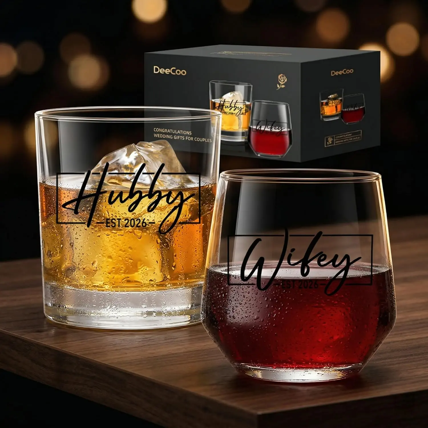 Romantic Couple Glass Set – His & Hers Wine & Whiskey Glasses, Perfect Wedding Gift for Newlyweds & Bridal Showers  Mug