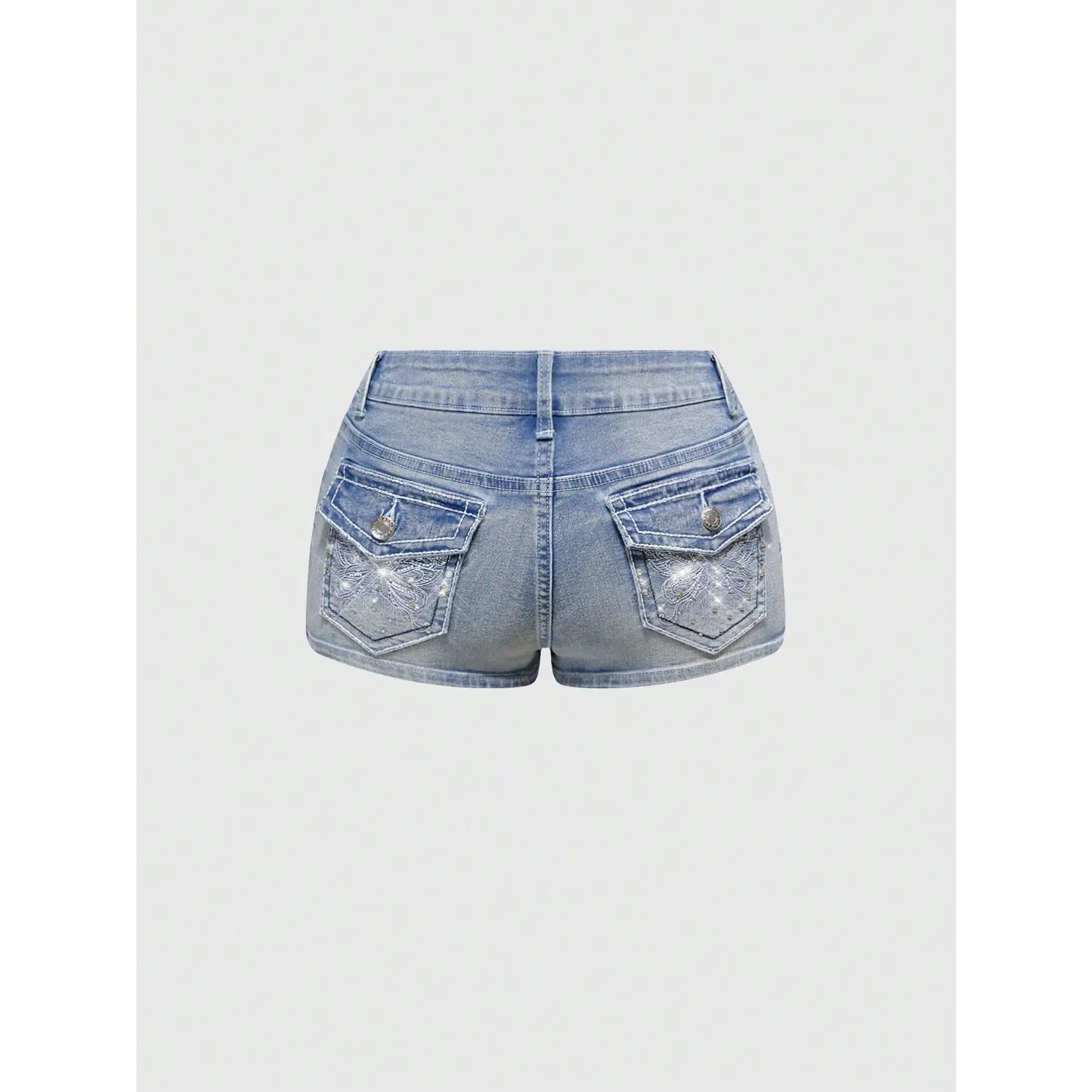 Women's Spring Summer Y2K Style Butterfly Embroidery & Rhinestone Distressed Vintage Low Waist Short Denim Shorts