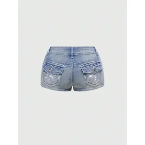 Women's Spring Summer Y2K Style Butterfly Embroidery & Rhinestone Distressed Vintage Low Waist Short Denim Shorts