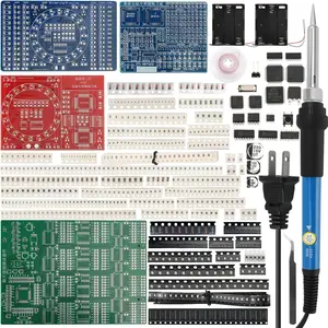 SMD/SMT Soldering Practice Kit for Beginners, 4 PCB Training Boards (Blue/Red/Green + Small Blue), Covers 1206/0805/0603/0402, 60W Soldering Iron, 2 Battery Boxes, Instructions, Complete Components