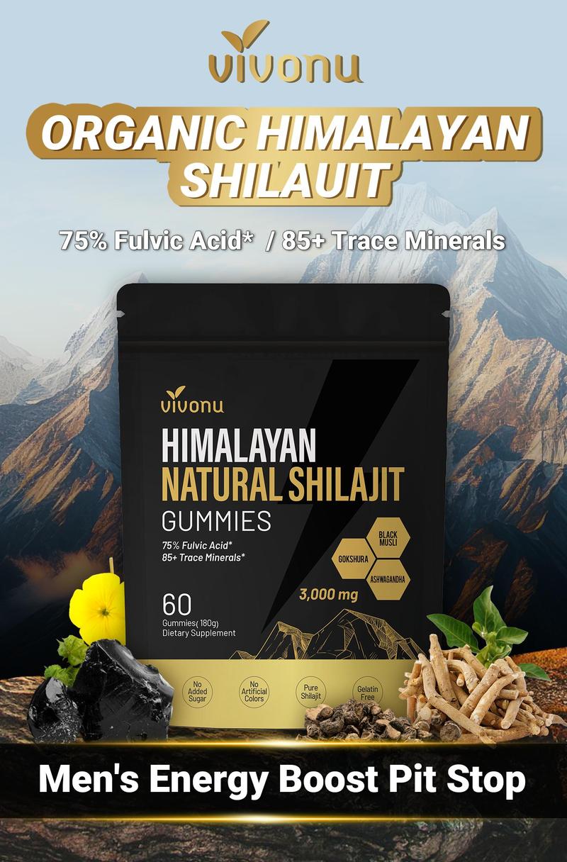 Himalayan Shilajit Energy Gummies with Ashwagandha & Gokshura | Stress Relief & Vitality Support | 60 Sugar-Free Vegan Supplements