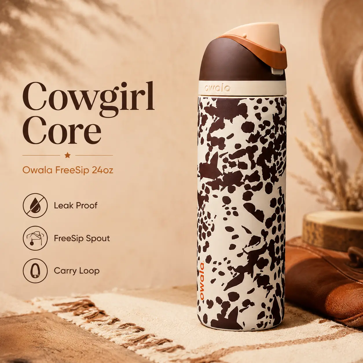 Owala Cowgirl Core 24oz Water Bottle, Leakproof FreeSip Cow Print Cup, Country Western Cow Print Cup, Cute Daily Hydration Bottle, Western Travel Cup, Rodeo Gift for Her