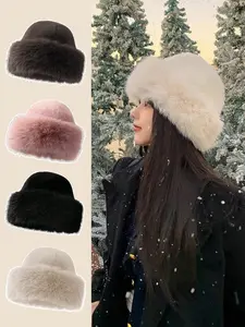 Cream Plush Bucket Hat Fleece Lined Winter Hat for Women Soft Warm Outdoor Fashion in Multiple Colors