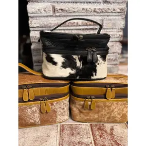 Cowhide toiletry bag double zip, party makeup bag