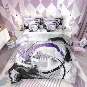 Feelyou 7-Piece Purple Queen Size Comforter Set, Bed-in-a-Bag with Gradient Black-White-Grey Abstract Ombre Bedding, Brush Oil Painting Style Contemporary Sheet Set, Queen Size Comforter, Comforter Queen Size