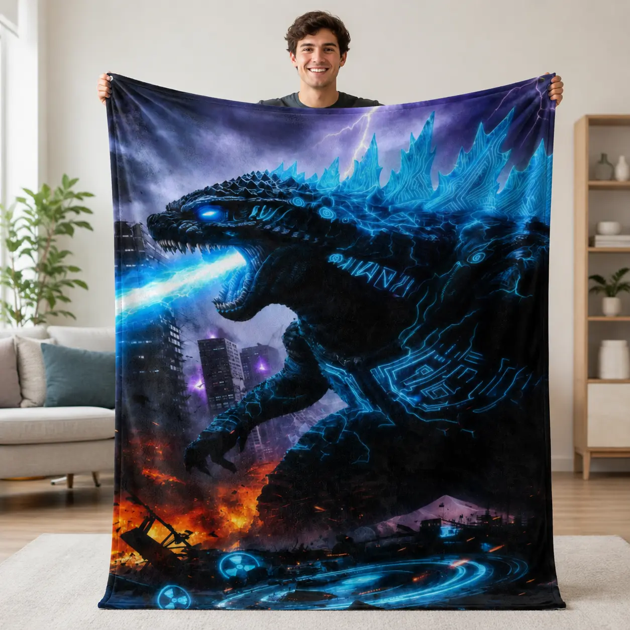 Godzilla Epic Kaiju Monster Throw Blanket, Electric Blue Dragon Dinosaur Design Flannel Blanket, Monster Battle City Artwork Blanket for Bedroom Sofa Gaming Room Decor
