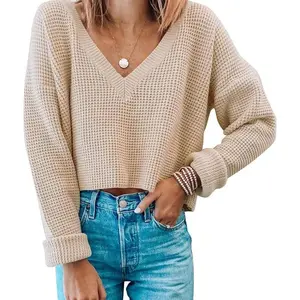 Women's V Neck Waffle Knit Cropped Top Long Sleeve Pullover Crop SweaterMinimalist Basic Beige Casual Fitted Winter Cotton Everyday Womenswear Medium