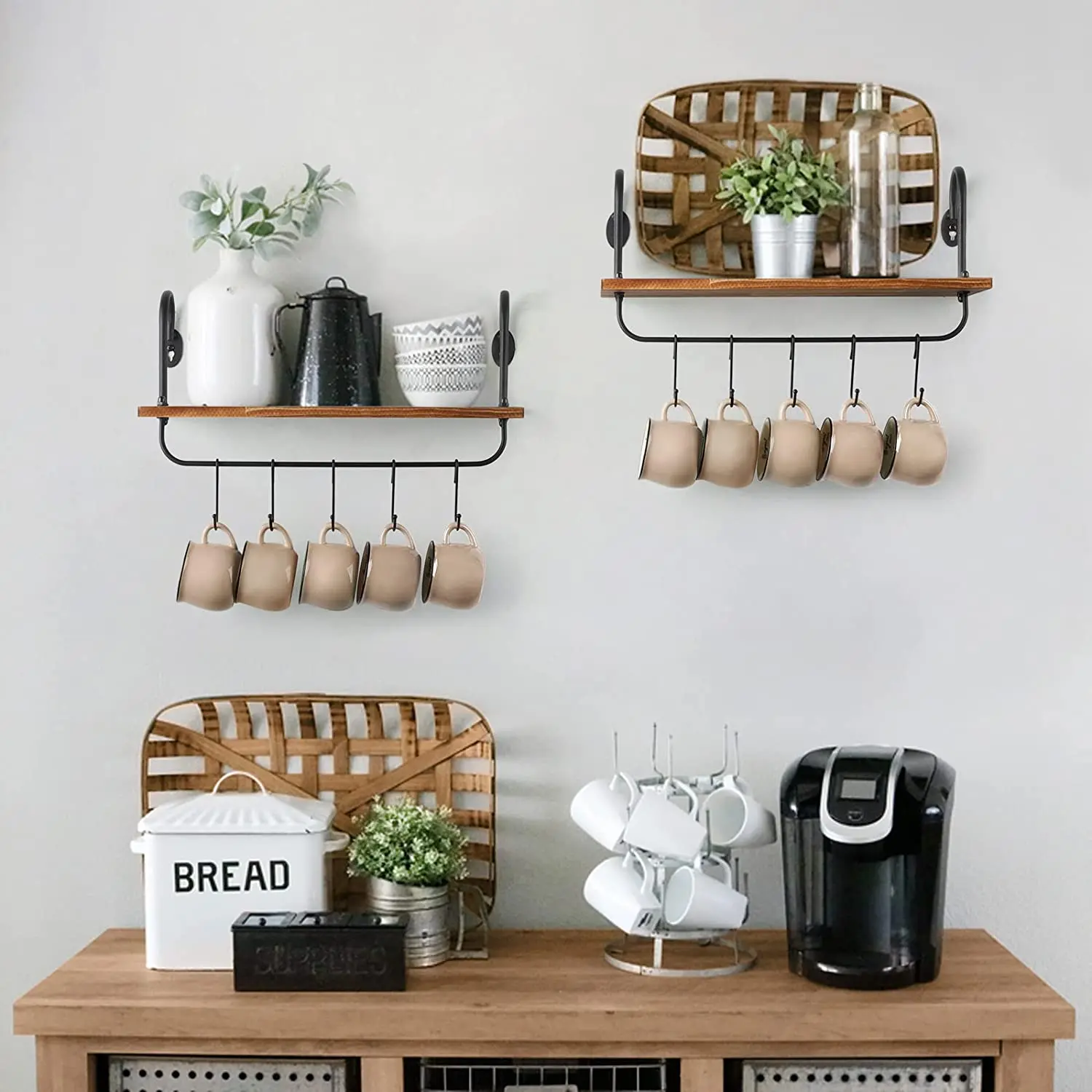 Floating Shelves for Kitchen Wall Coffee Nook with Hooks for Mugs Rustic Storage