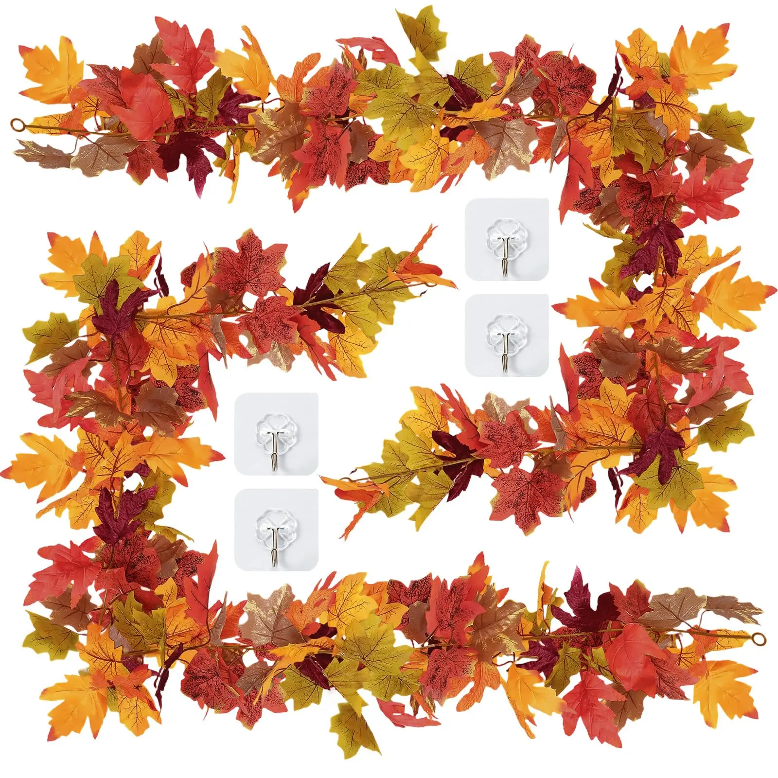 11.8ft-2pack Artificial Fall Silk & Cloth Maple Leaf Garlands with Plastic Accents, Thanksgiving Autumn Gift Decor for Mantle, Home Party (Indoor/Outdoor Use)