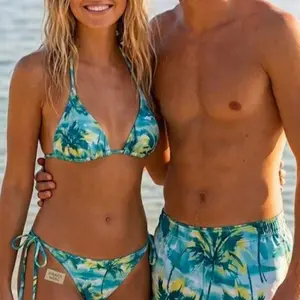 Matching Couple Swimwear Set, Teal Lime Palm Leaf Bikini & Trunks, Honeymoon Beachwear