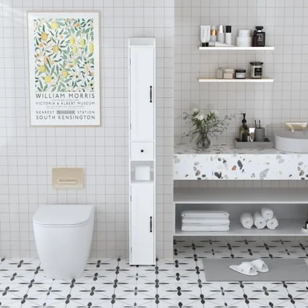 White 67.51" Height Storage Cabinet - Slim 2-Door MDF Bathroom Cupboard, Freestanding with Adjustable Shelves, Anti-Tip Safe, Open Compartments for Small Spaces, Slender Indoor Unit, Mdf Board