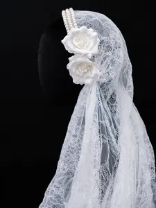 Wedding Bridal Veil White with Faux Pearls and Flowers Neutral White 55 in Length One Clip on Each Side