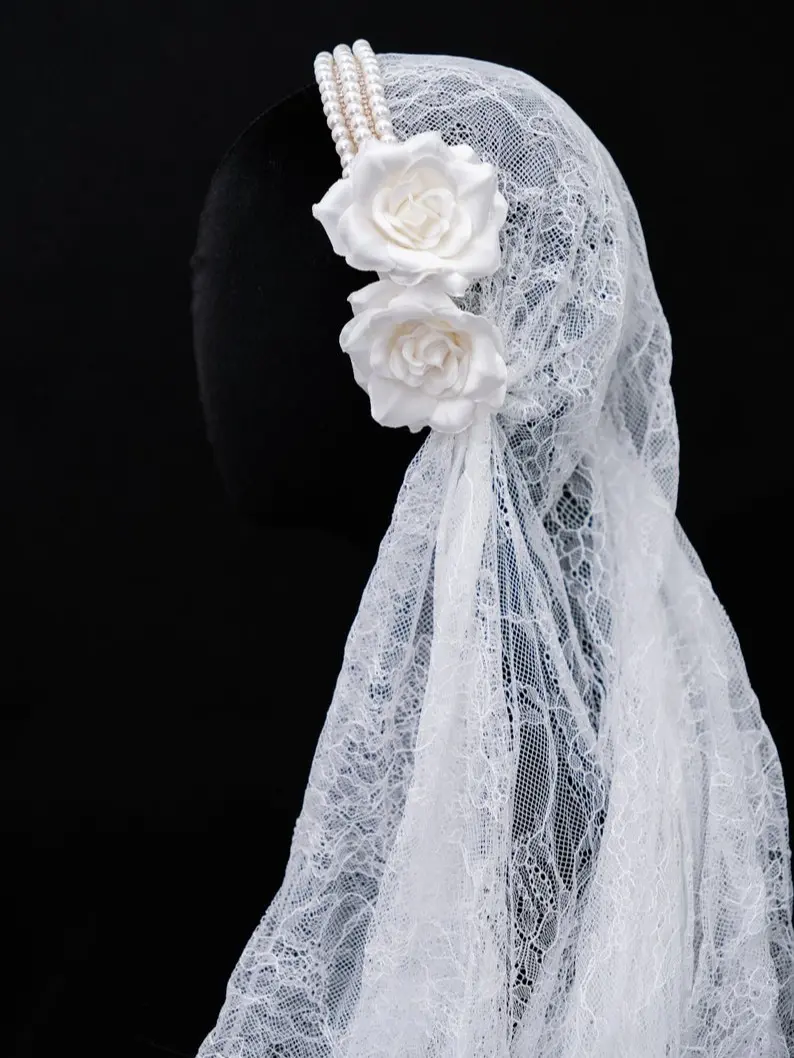 Wedding Bridal Veil White with Faux Pearls and Flowers Neutral White 55 in Length One Clip on Each Side
