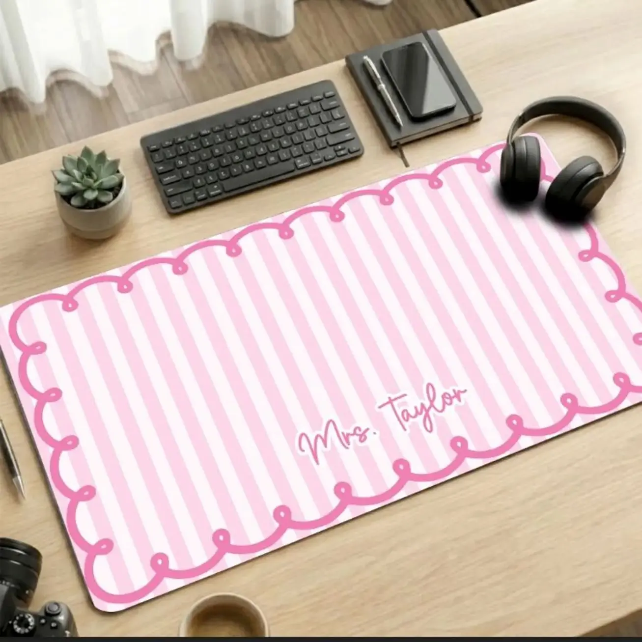 Personalized Teacher Name Scalloped Gingham Desk Mat, Pastel Checkered Keyboard Cover, Wavy Edge Preppy Workspace Decor