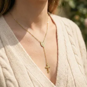 Dainty Gold Tone Rosary Y-Necklace Miraculous Medal Cross Pendant Religious Jewelry for Women Daily Wear Gift