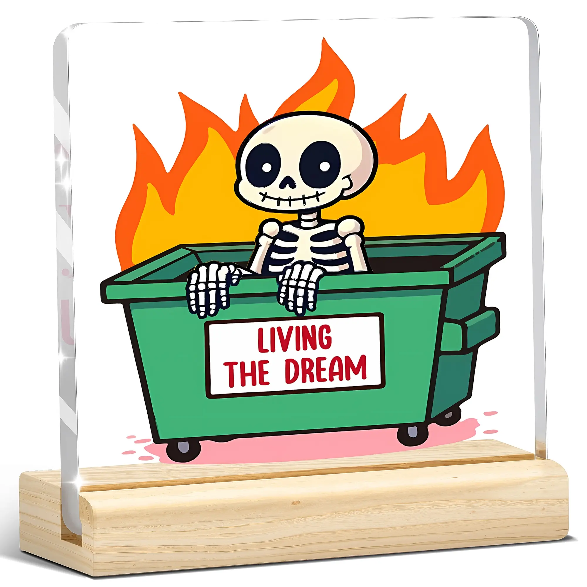 1pc Skeleton Dumpster Fire Acrylic Sign, Living the Dream Decorative Plaque, Funny Office Decor, Coworker Boss Desk Decor, Office Humor Gift for Men Women, Inspirational Work Sign, Employee Appreciation, Home Office Shelf Accent, Desk Decor