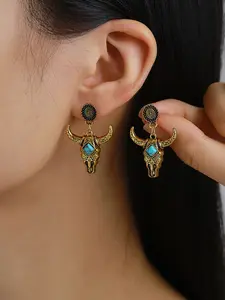 Women's Oval Alloy Turquoise Studs, Western Cowboy Style Southwestern Flair Hoop Earrings, All-Season Daily Wear Jewelry for Women