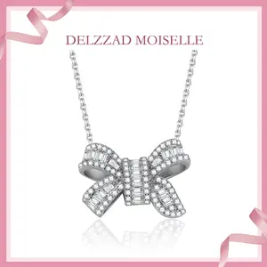 Delzzad Bow-tie Necklace VVS Synthetic Moissanite S925 Chain Jewelry Perfect Birthday Wedding Engagement Anniversary Christmas Gift