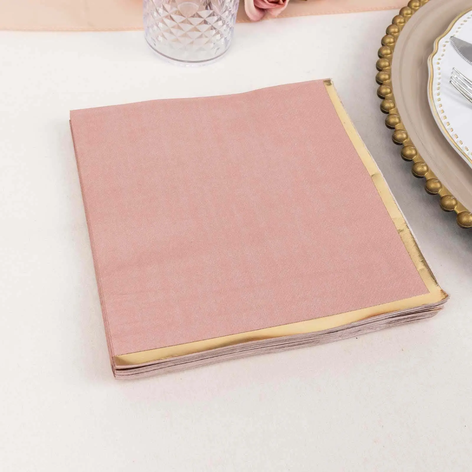 50-Pack 2-Ply Dusty Rose Paper Beverage Napkins with Gold Foil Edge, 6.5"x6.5" Soft Disposable Cocktail Napkins - Party Supplies, Restaurant Tableware, Wedding & Birthday Essentials for Event Planners, Disposable Tableware, Bachelorette Party Supplies