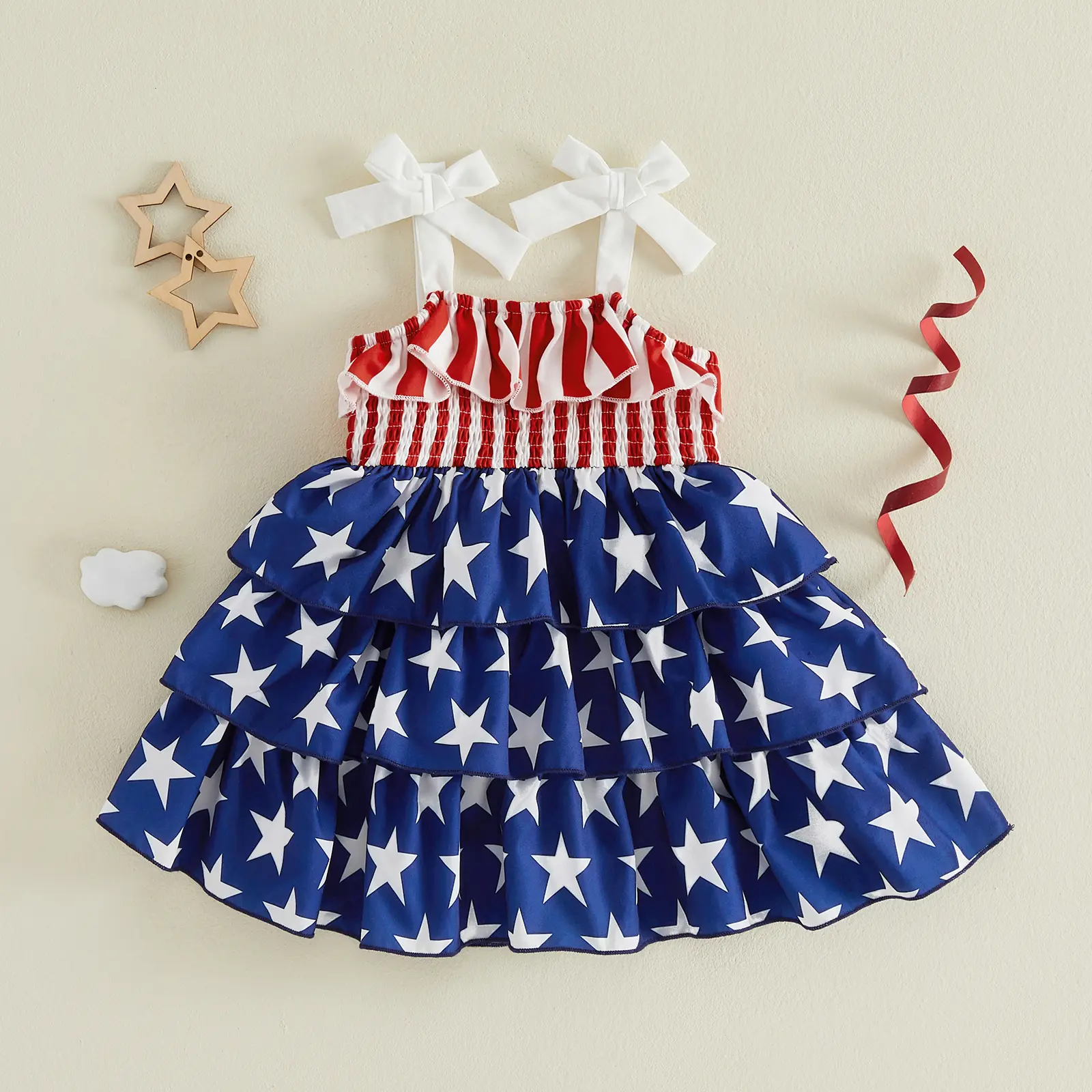 Toddler Baby Little Girl 4th of July Dress Sleeveless Bow Shoulder Stars and Stripes Print Party Dress 6M-4T