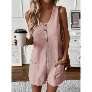 Sleeveless Romper Jumpsuit with Pockets, Button Front Casual Solid Color Summer Romper for Women Womenswear Beach Overalls Piece