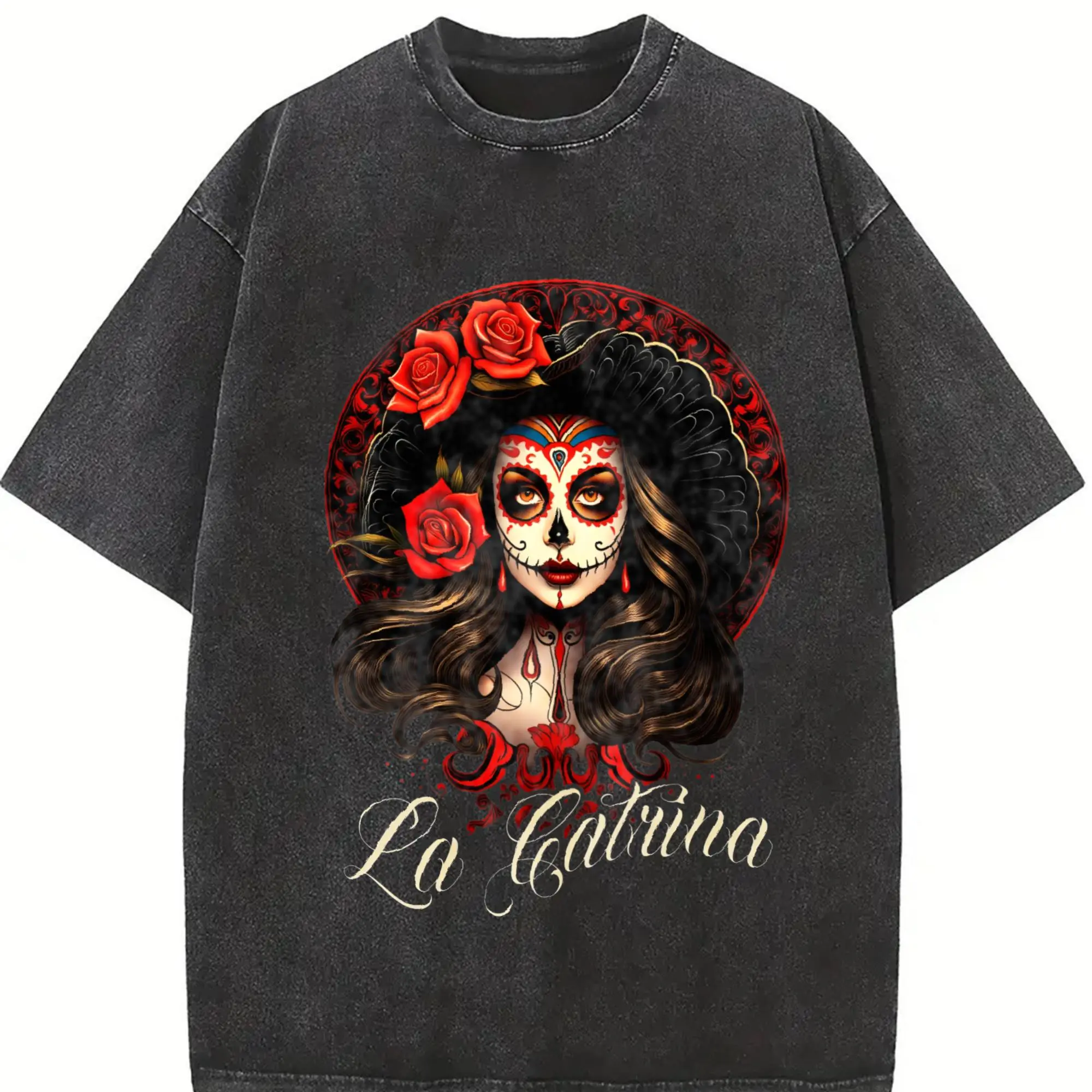 Women's Vintage Unisex La Catrina Graphic T-Shirt - Oversized Boyfriend Fit, Soft Cotton, Round Neck, Day of the Dead Casual Streetwear Top, Tshirt, Printed, Lady, Do Not Bleach, Day Of Dead, Boyfriend Cut, Hand Wash Cold, Line Dry, Loose-Fitting, Short S